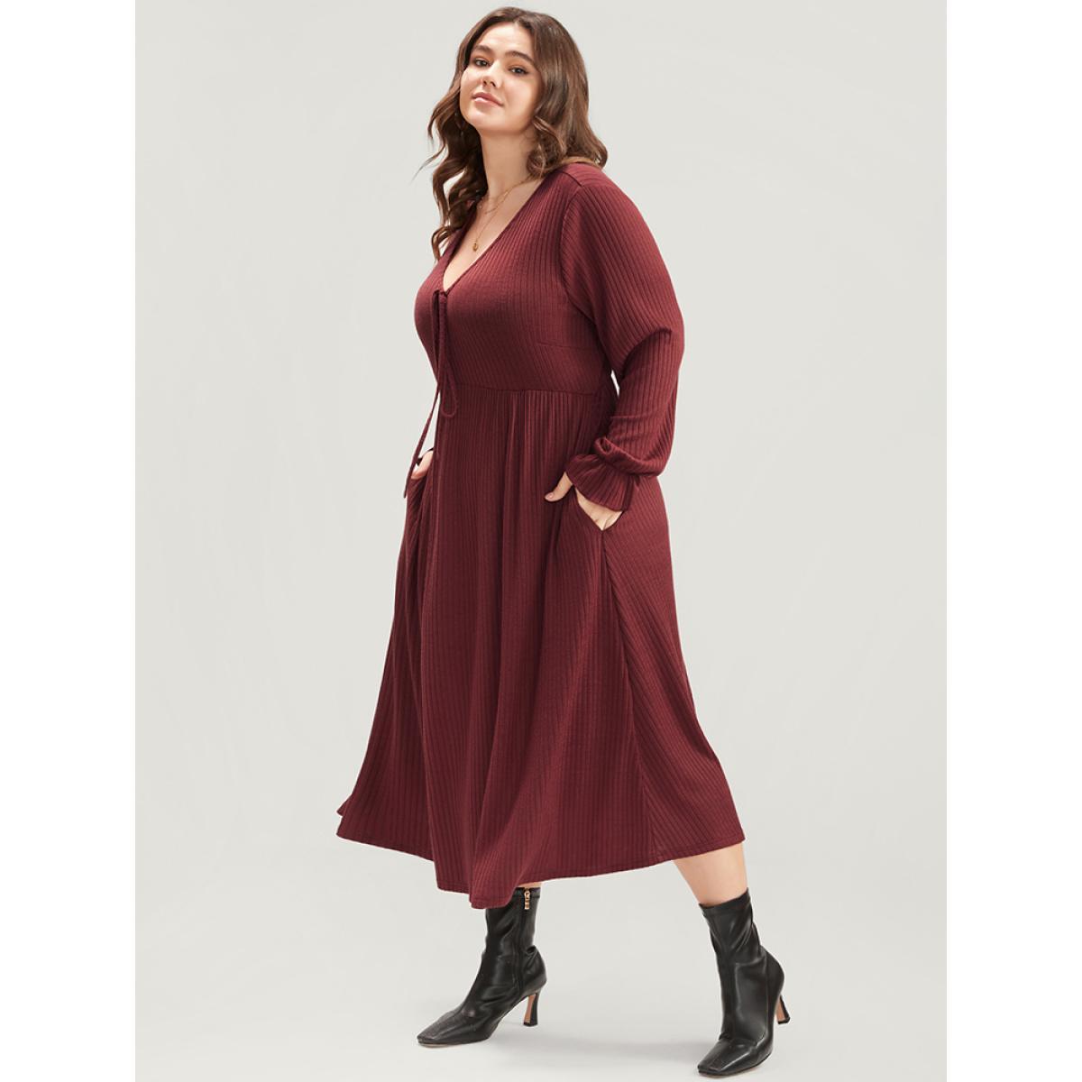Plus Size Solid Lantern Sleeve Tie Neck Pocket Rib Knit Dress Burgundy Women Casual Pocket V-neck Long Sleeve Curvy Midi Dress BloomChic 10/M Product Image