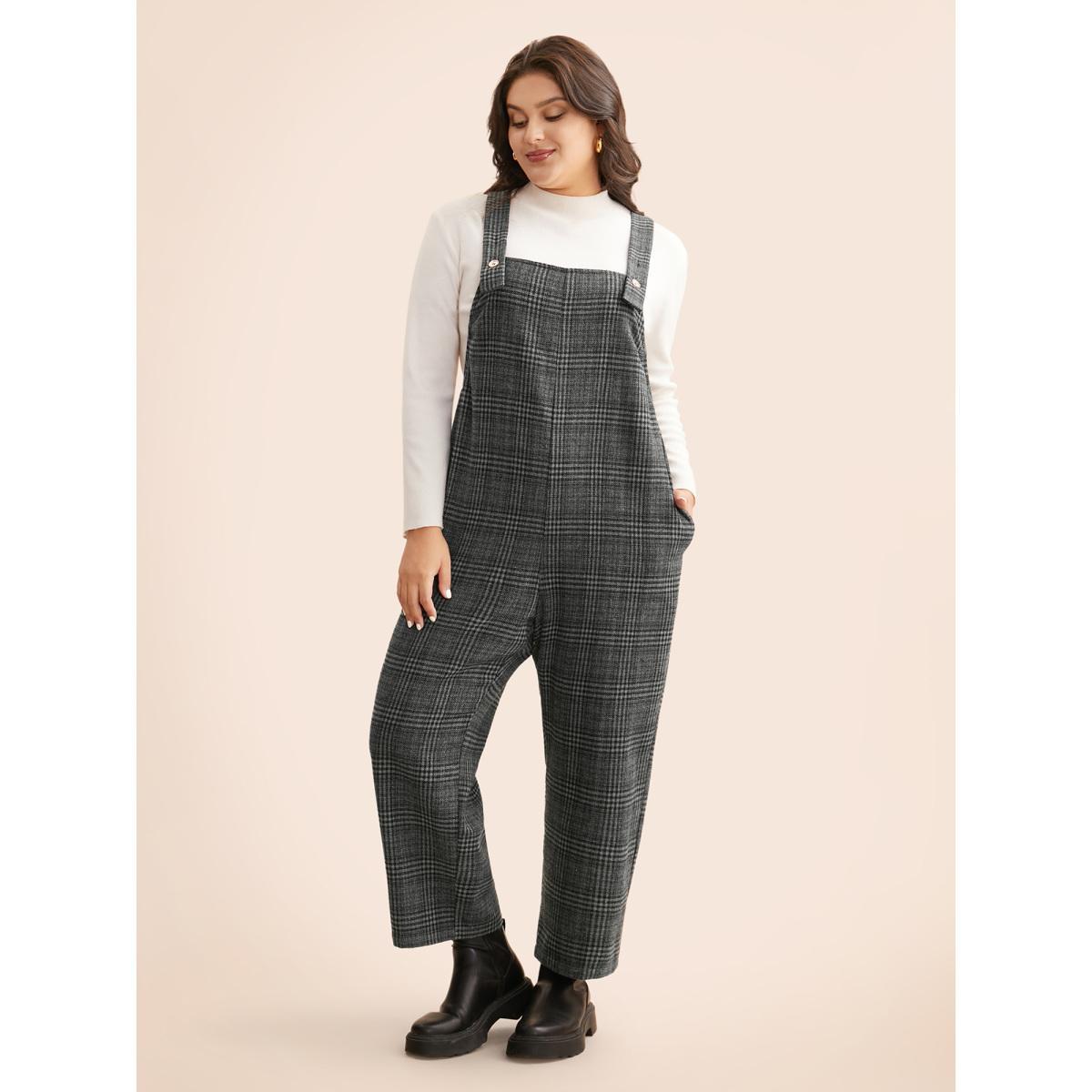 Plus Size DimGray Plaid Adjustable Straps Pocket Jumpsuit Women Elegant Sleeveless Non Everyday Loose Jumpsuits BloomChic 26/4X Product Image