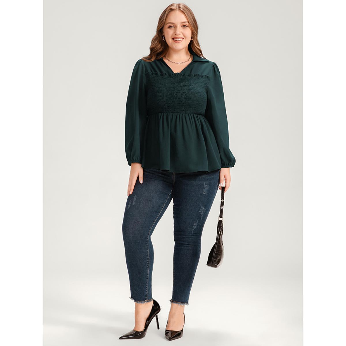 Plus Size DarkGreen Solid Lantern Sleeve Shirred Ruffles Blouse Women Office Long Sleeve Shirt collar Work Blouses BloomChic 22-24/3X Product Image