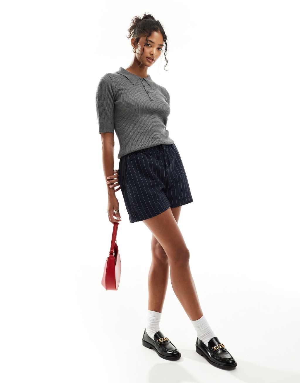 YAS half sleeve knitted polo top in medium gray melange Product Image