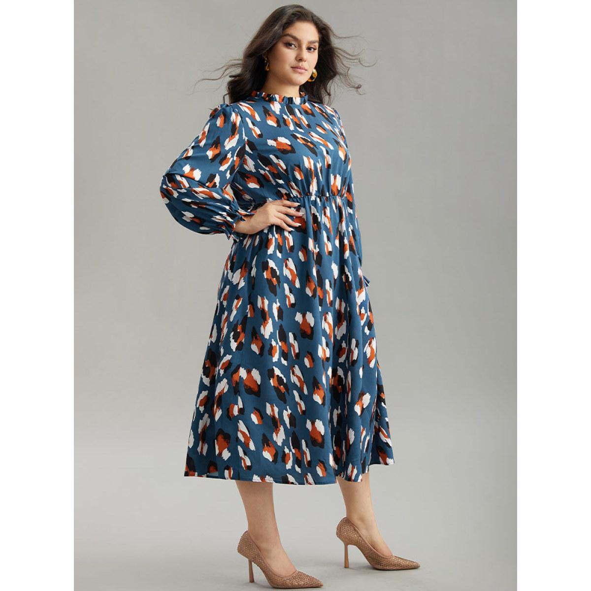 Plus Size Allover Print Stand Collar Pocket Ruffles Dress Aegean Women Office Printed Stand-up collar Long Sleeve Curvy Midi Dress BloomChic 28/5X Product Image