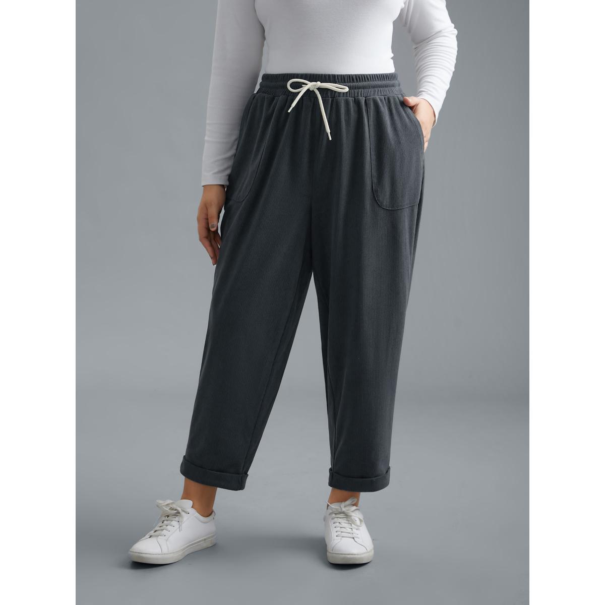 Plus Size Plain Drawstring Slant Pocket Roll Hem Pants Women SlateGray Casual Loose Mid Rise Everyday Pants BloomChic 12/L Product Image