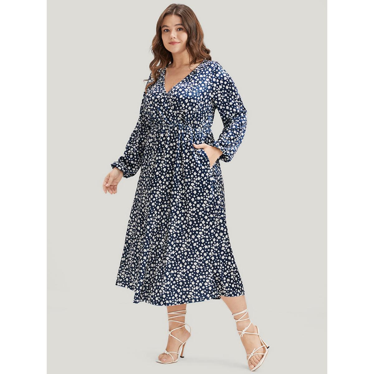 Plus Size Ditsy Floral Pocket Lantern Sleeve Wrap Velvet Dress Indigo Women Elegant Elastic Waist V-neck Long Sleeve Curvy Midi Dress BloomChic 10/M Product Image