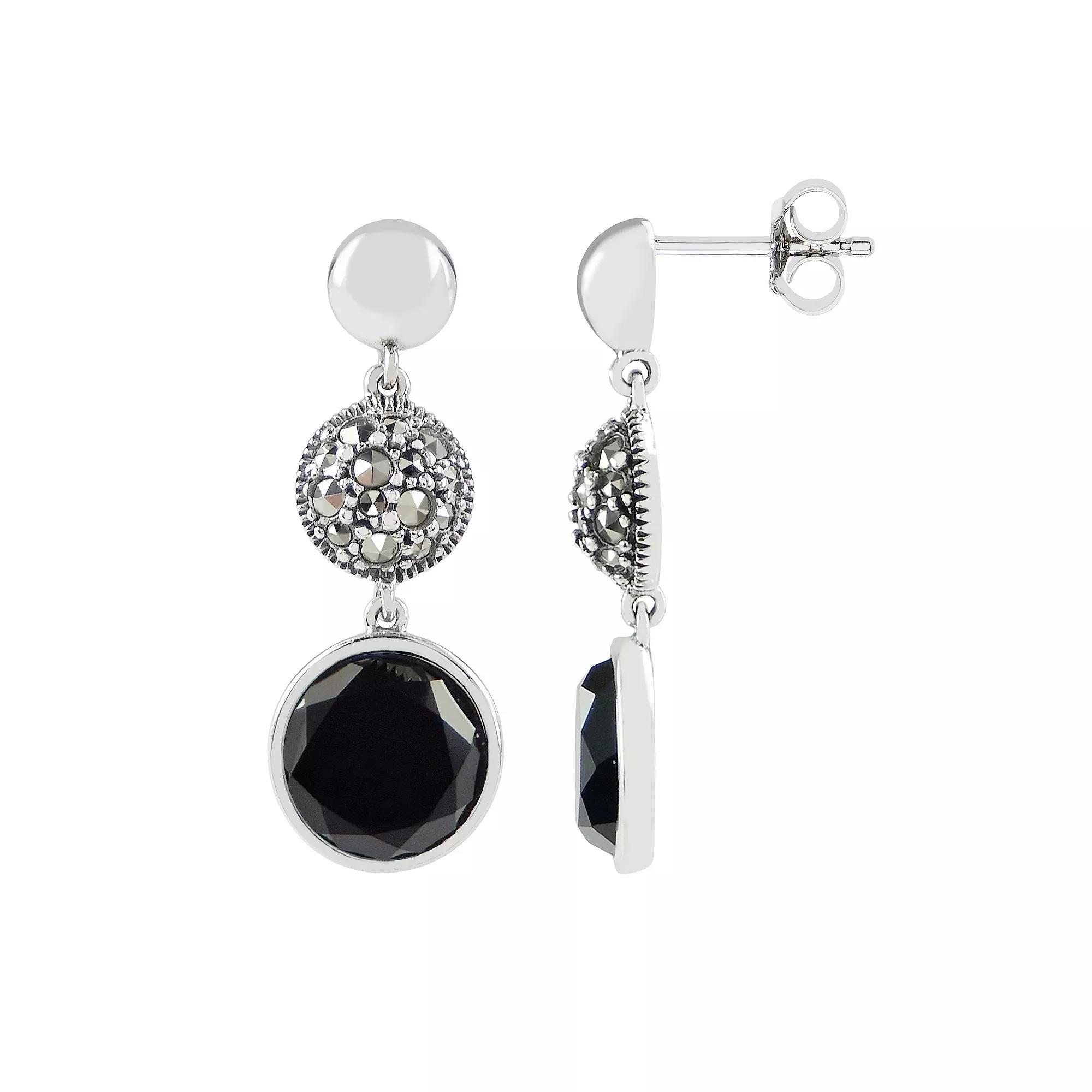 Lavish by TJM Sterling Silver Onyx & Marcasite Round Double Drop Earrings, Women's Product Image