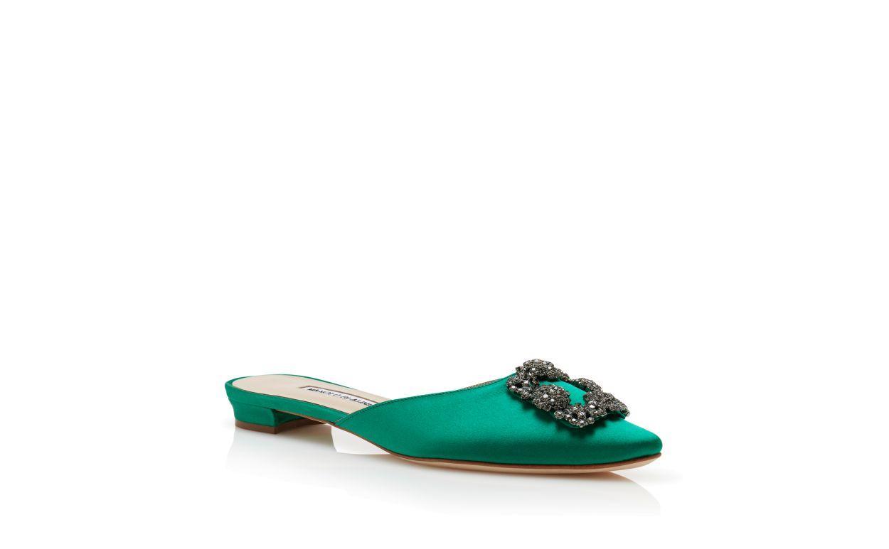 HANGISIMUFLAT Green Satin Jewel Buckle Flat Mules Product Image