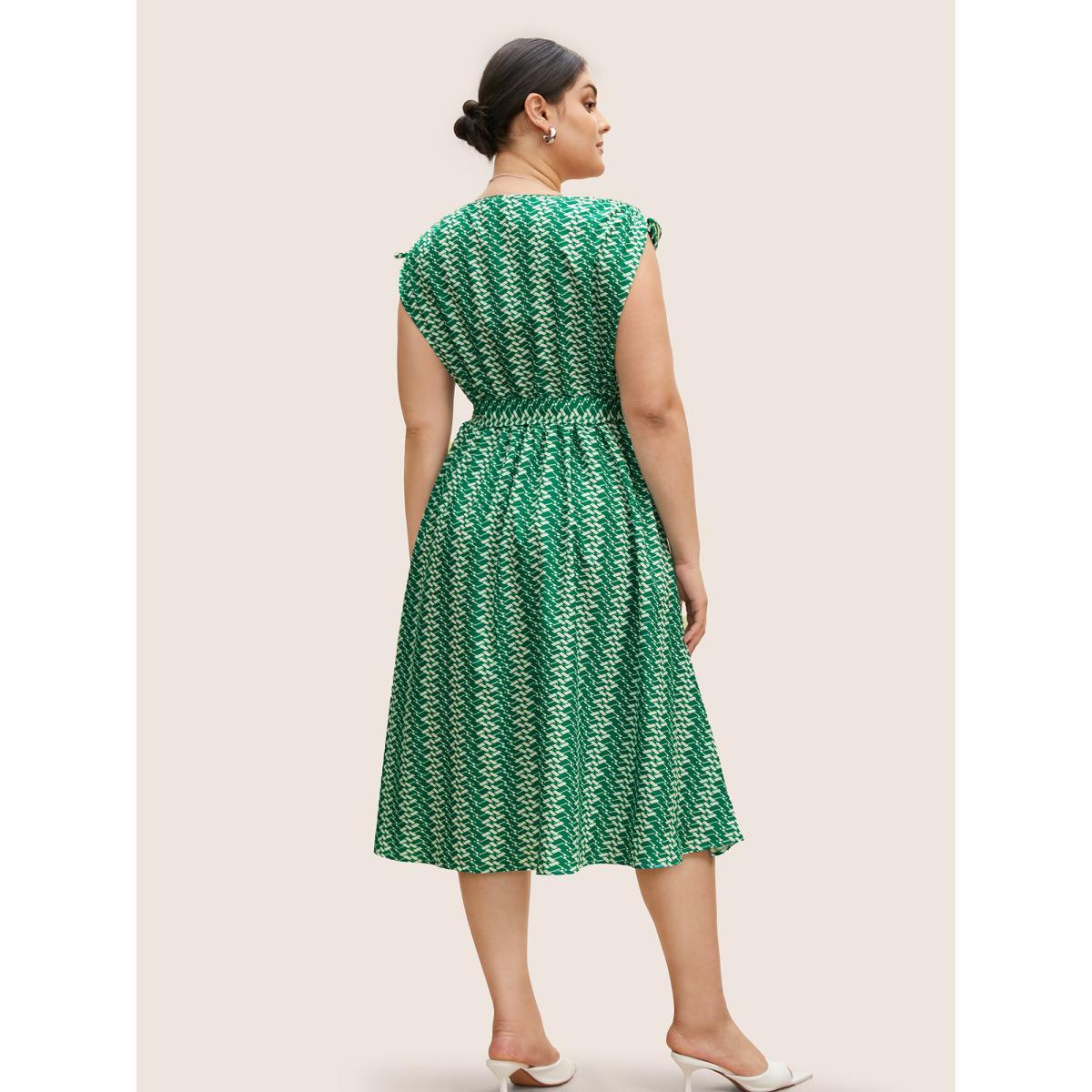 Plus Size Geometric Drawstring Cap Sleeve Midi Dress Malachitegreen Women At the Office Belted V-neck Cap Sleeve Curvy BloomChic 26/4X Product Image