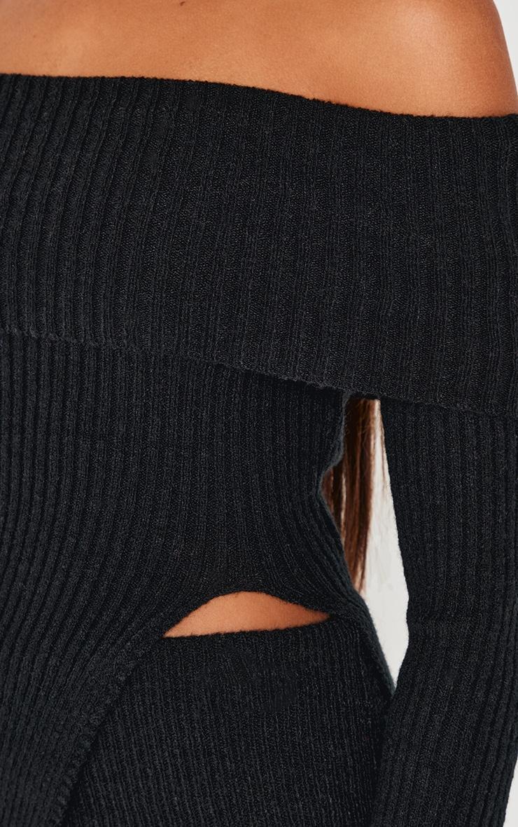 Black Fold Over Split Detail Ribbed Top Product Image