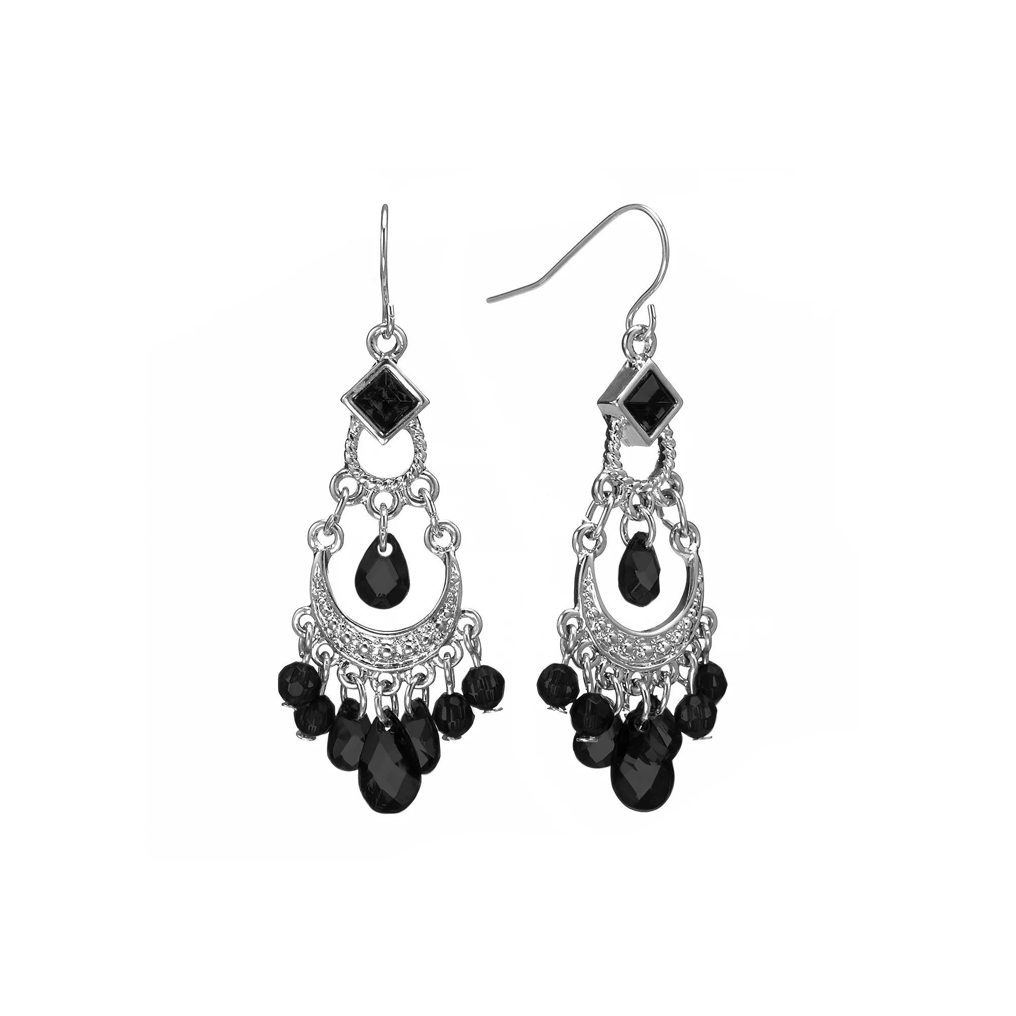1928 Silver Tone Bead Chandelier Earrings, Womens, Black Product Image