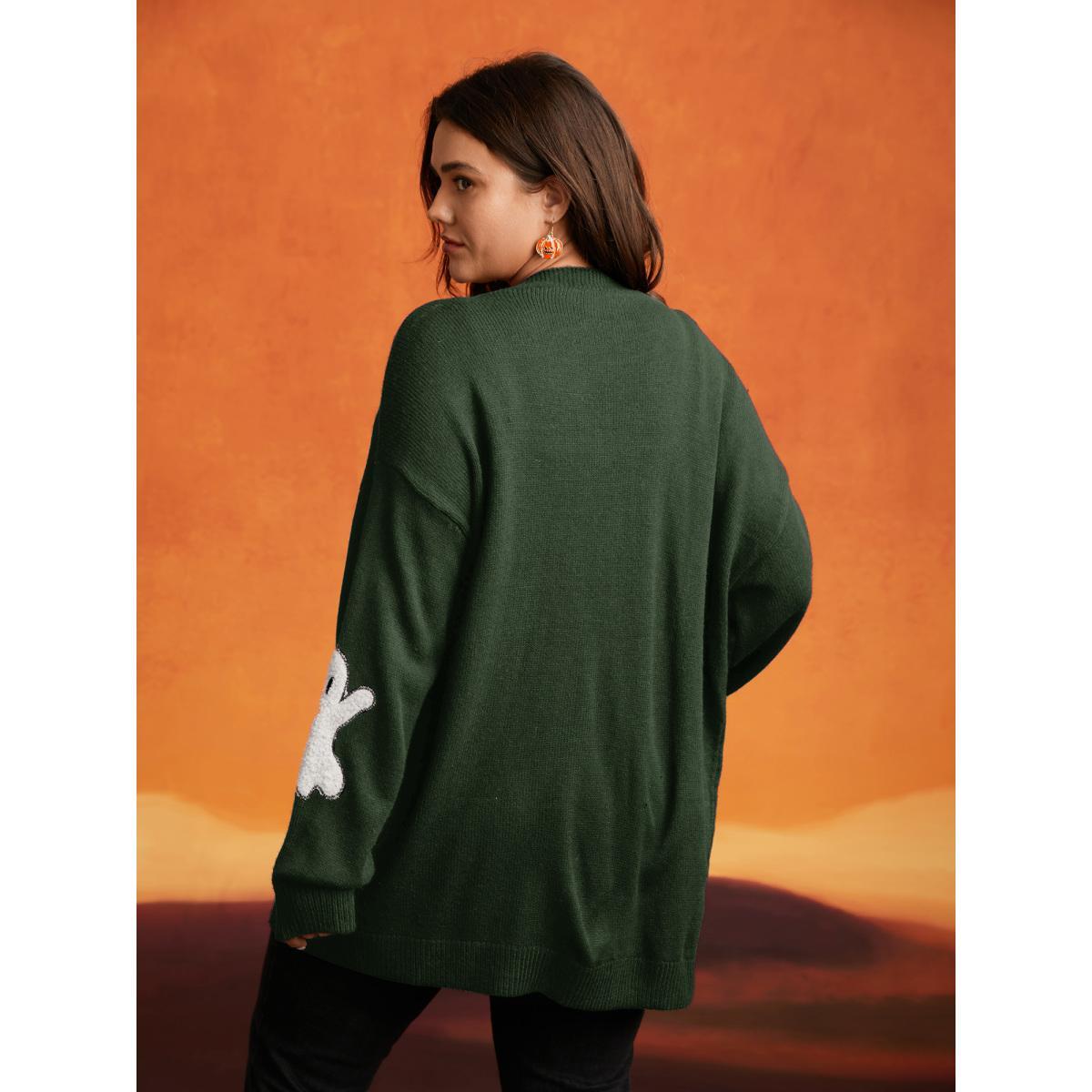 Plus Size Pumpkin Ghost Embroidery Open Cardigan ArmyGreen Women Casual Loose Long Sleeve Everyday Cardigans BloomChic 14-16/1X Product Image