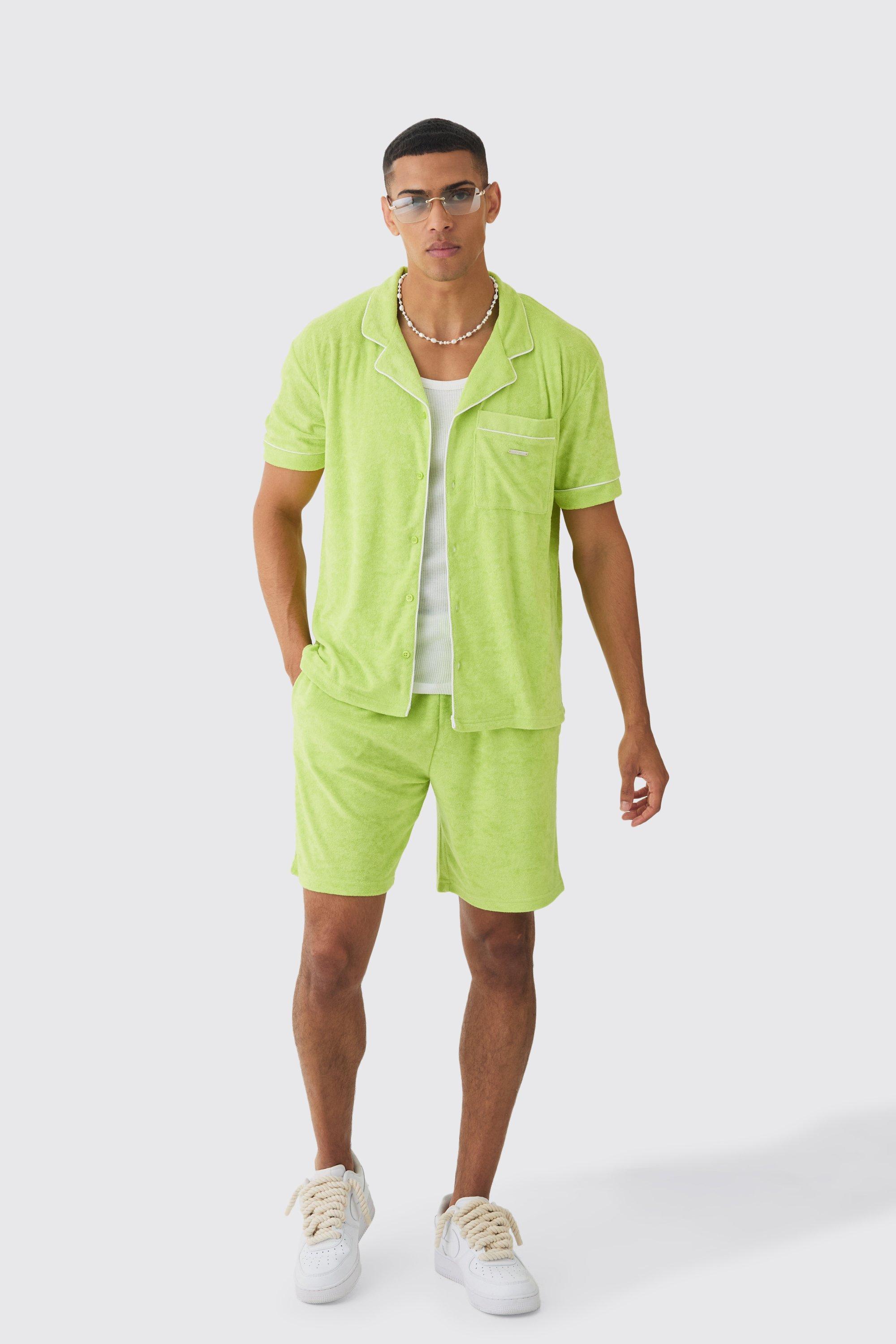 Mens Red Contrast Piping Towelling Shirt And Short Set, Red Product Image