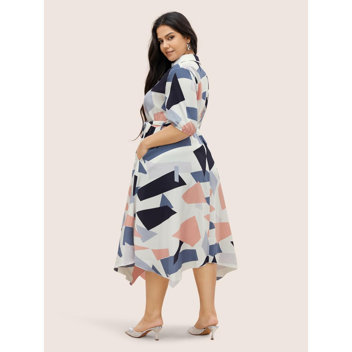 Plus Size Geometric Polo Neck Button Up Belted Dress Beige Women At the Office Belted Shirt collar Short sleeve Curvy Midi Dress BloomChic 10/M Product Image
