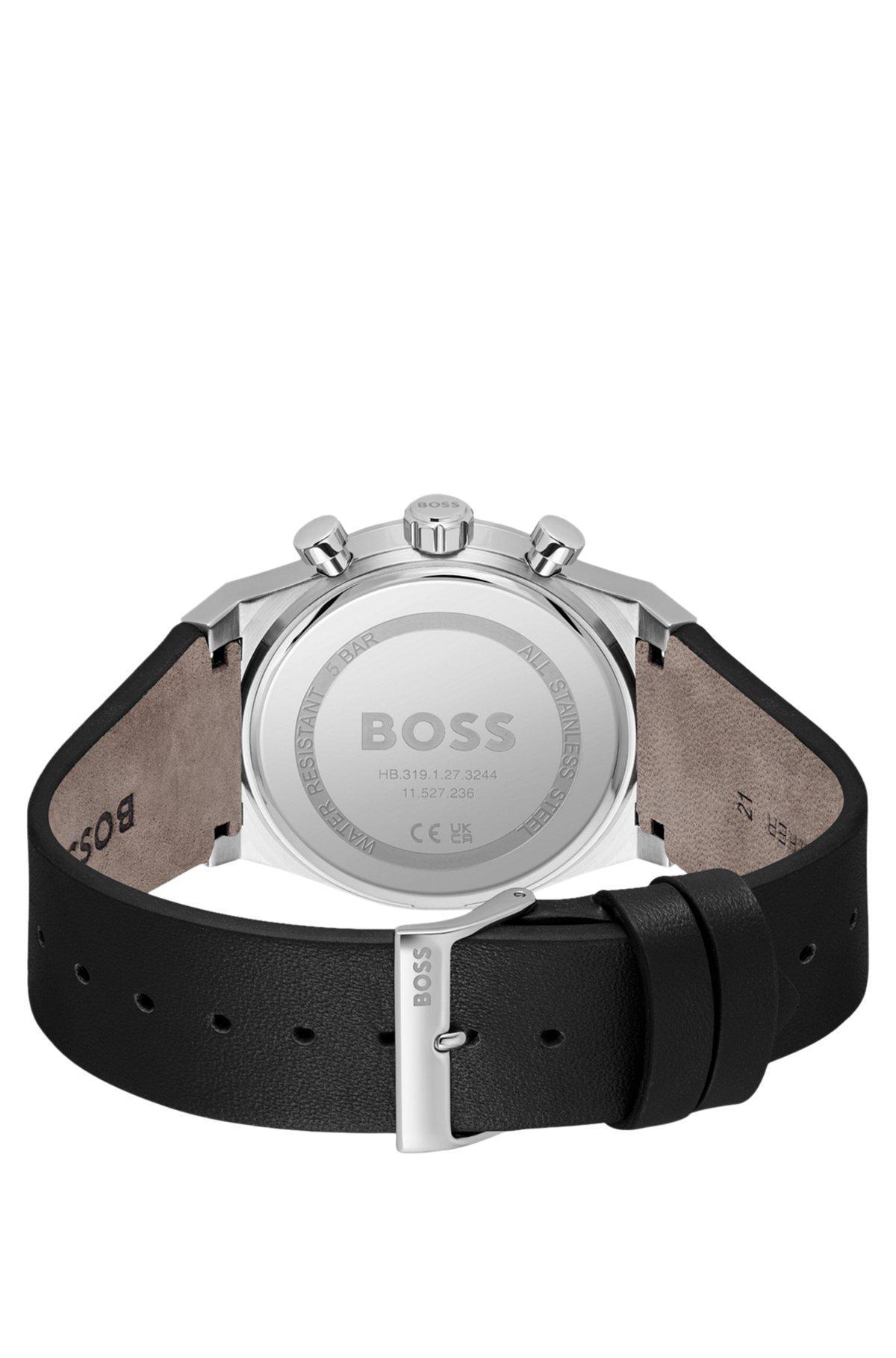 BOSS - Silver-tone chronograph watch with brown leather strap Product Image