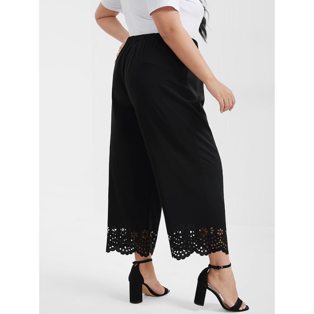 Plus Size Broderie Anglaise Elastic Waist Loose Pants Women Black Elegant Loose High Rise Dailywear Pants BloomChic 14-16/1X Product Image