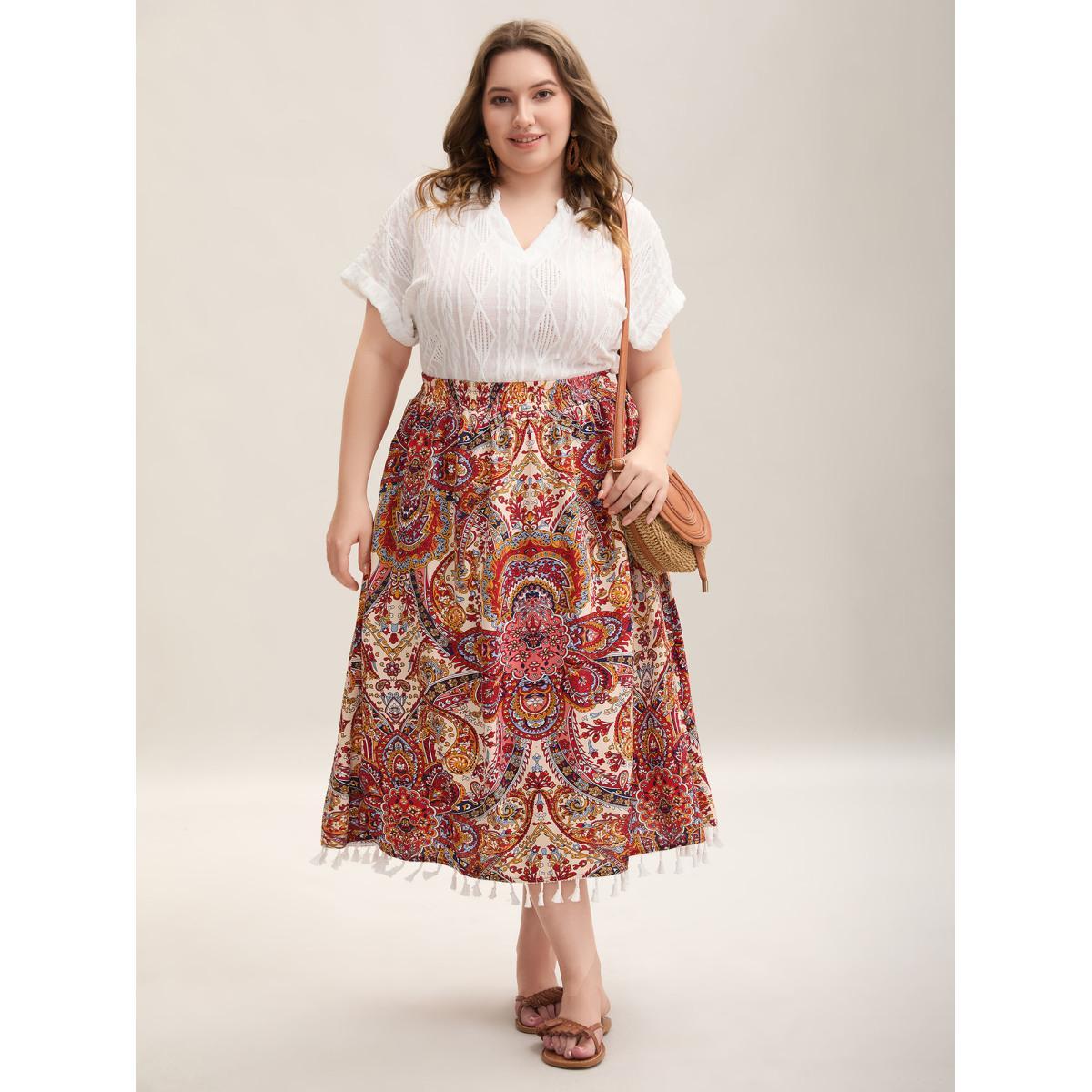 Plus Size Paisley Print Tassels Spliced Midi Skirt Women Crimson Elegant Tassels Bodycon Low stretch Slanted pocket Everyday Skirts BloomChic 10/M Product Image