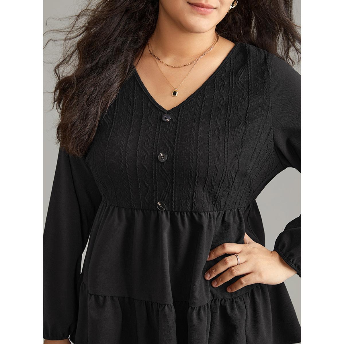 Plus Size Black Solid Textured Button Detail Ruffle Layered Hem Blouse Women Casual Long Sleeve V-neck Work Blouses BloomChic 10/M Product Image