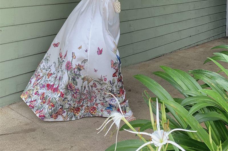 Set: Sleeveless Square Neck Floral Butterfly Print Maxi A-Line Dress + Belt Product Image