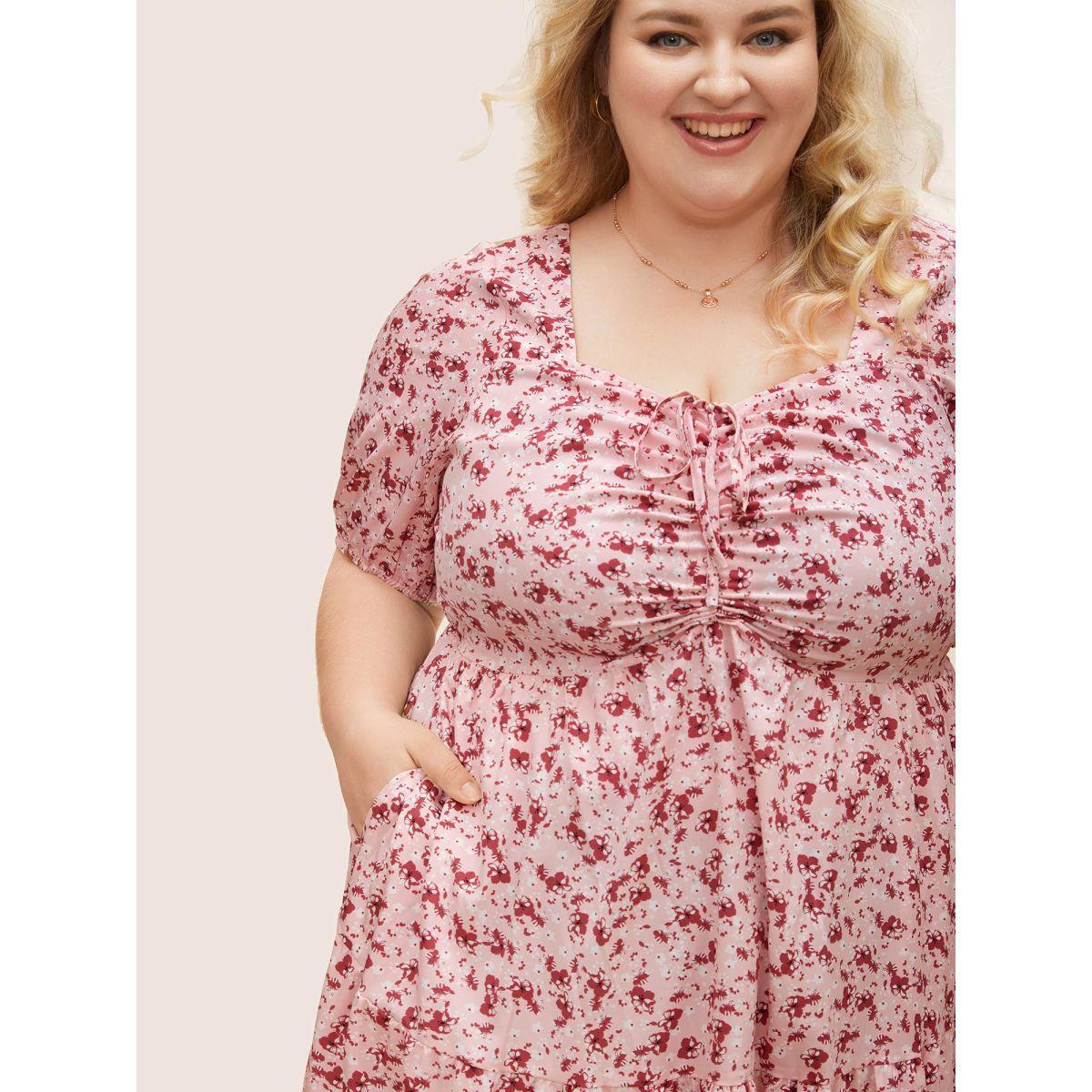 Plus Size Ditsy Floral Ruffle Tiered Pocket Ruched Puff Sleeve Drawstring Dress Watermelon Women Elegant Non Square Neck Short sleeve Curvy BloomChic 10/M Product Image