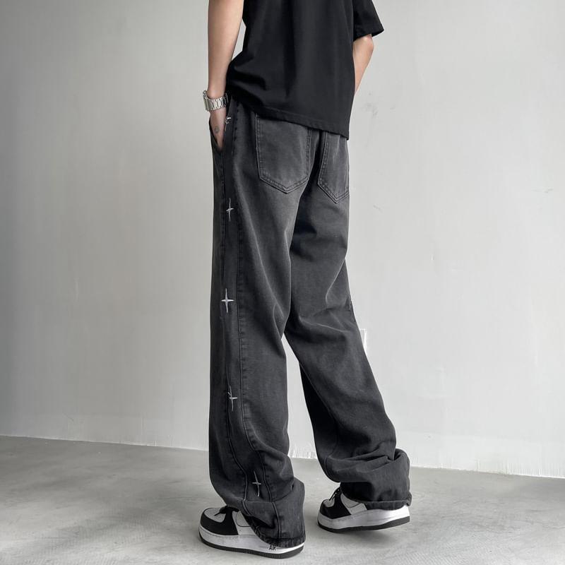 Drawstring Waist Star Embroidered Washed Loose Fit Jeans Product Image