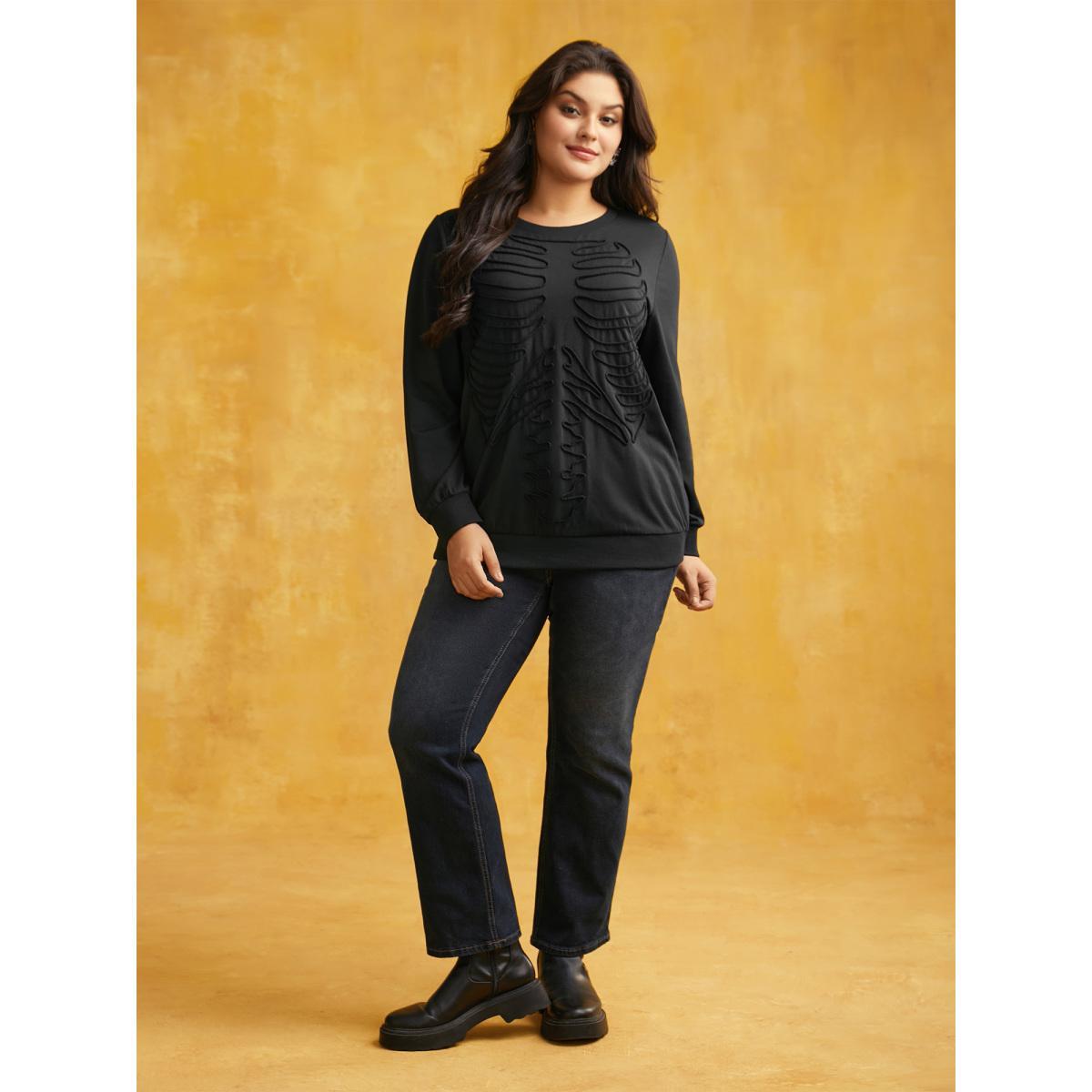 Plus Size Skeleton Embroidered Crew Neck Sweatshirt Women Black Casual Patchwork Loose Round Neck Everyday Sweatshirts BloomChic 28/5X Product Image