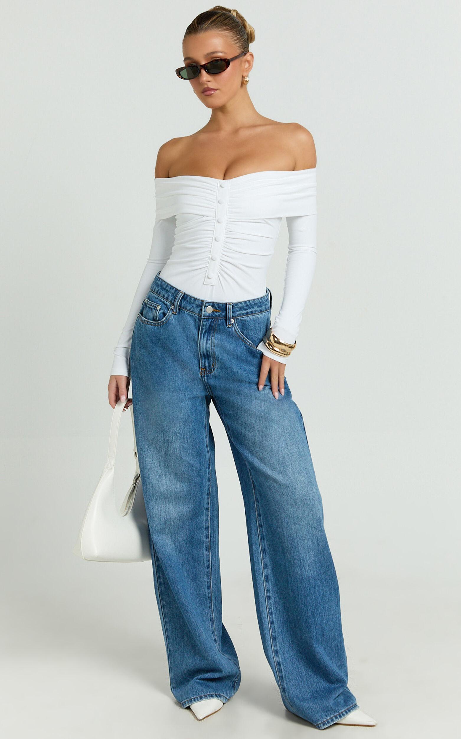 Charisse Bodysuit - Off Shoulder Button Down Bodysuit in White Product Image