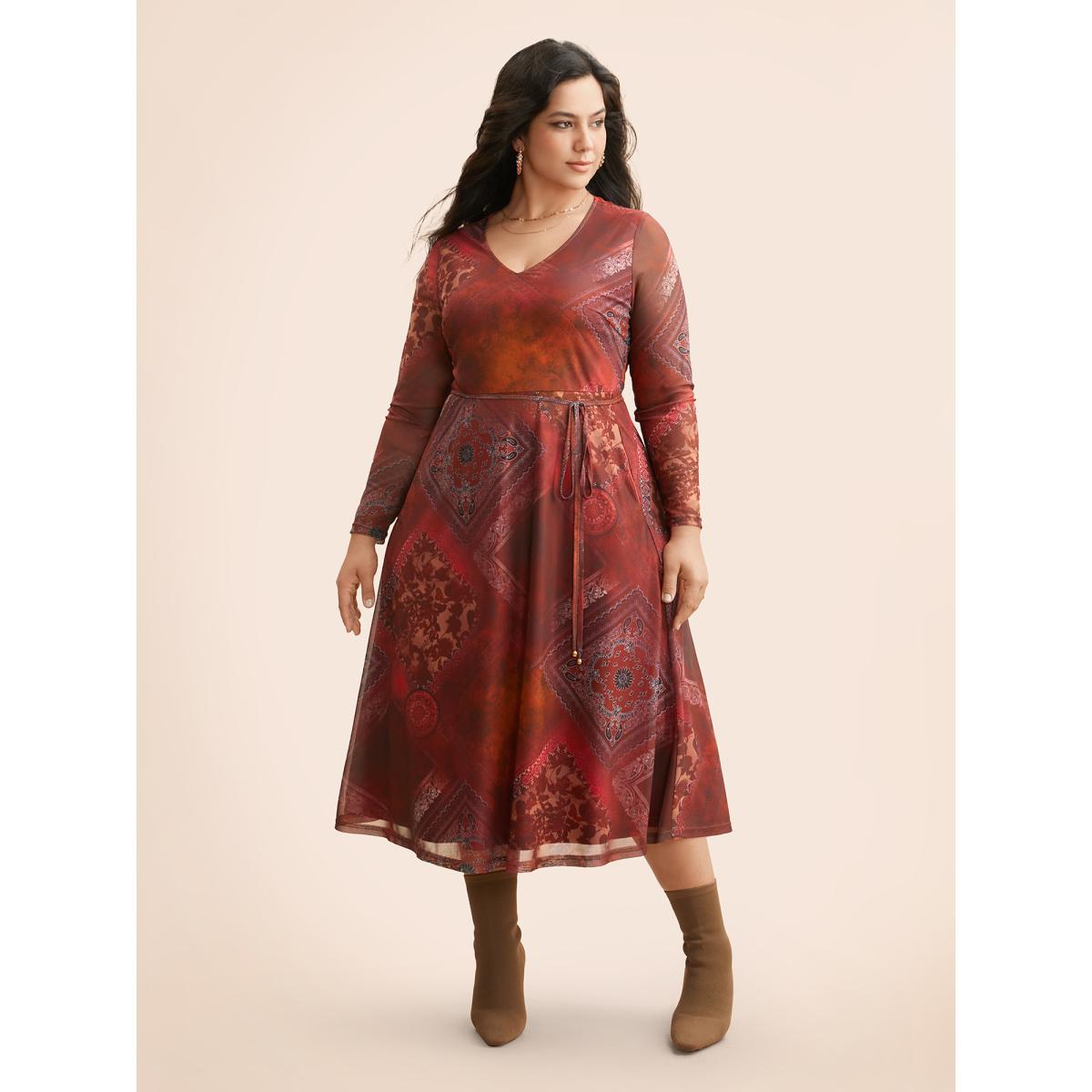 Plus Size Boho Print Belted Mesh Midi Dress Russet Women Elegant See through V-neck Long Sleeve Curvy BloomChic 12/L Product Image