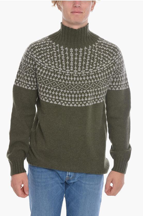 CORNELIANI Turtleneck Cashmere Sweater With Geometric Motif In Green Product Image