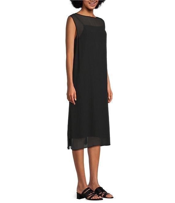 Eileen Fisher Sheer Silk Georgette Boat Neck Sleeveless Midi Dress Product Image