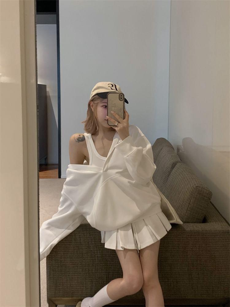 Loose Fit Plain Hoodie / Mini Pleated Skirt / Tank Top Product Image