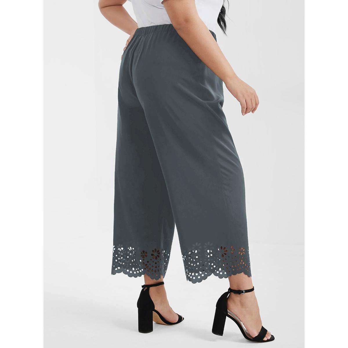 Plus Size Broderie Anglaise Elastic Waist Loose Pants Women SlateGray Elegant Loose High Rise Dailywear Pants BloomChic 12/L Product Image