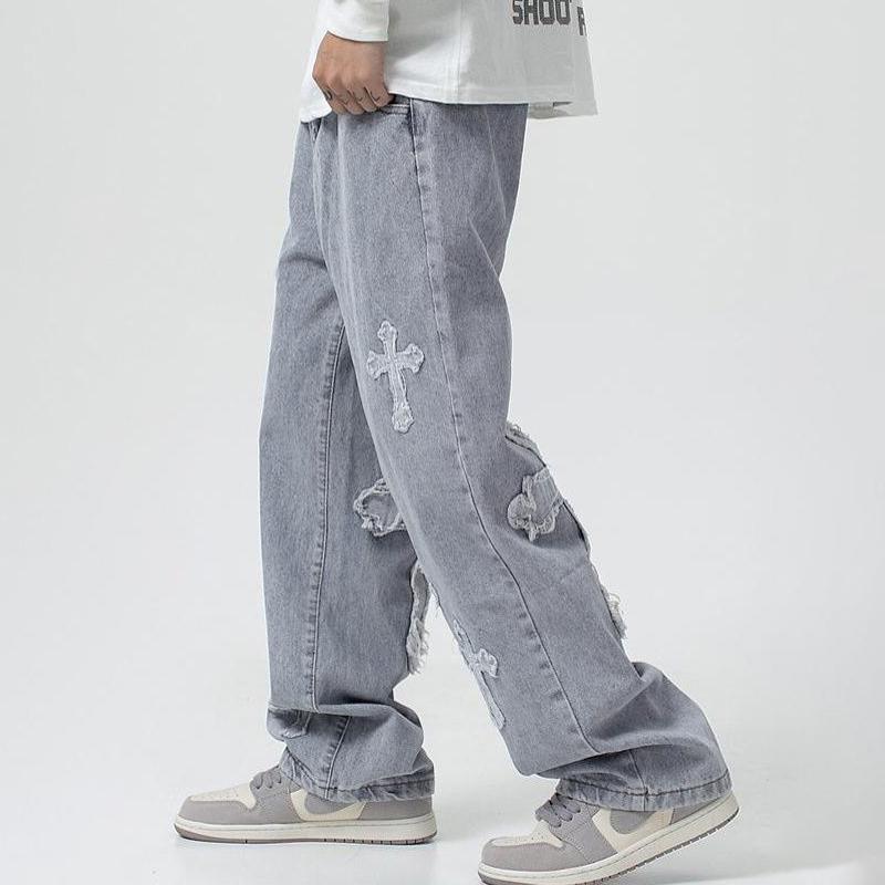 Men's Stylish Cross Cross Patch Street Jeans Product Image