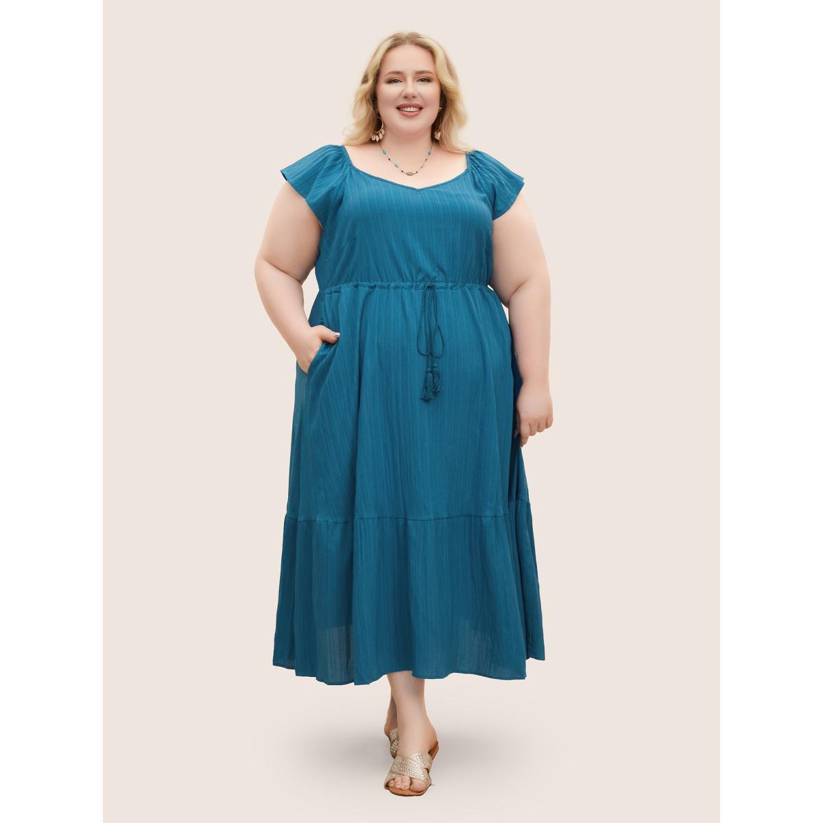 Plus Size Texture Drawstring Tie Knot Tassels Dress Cerulean Women Resort Tie knot V-neck Cap Sleeve Curvy BloomChic 10/M Product Image