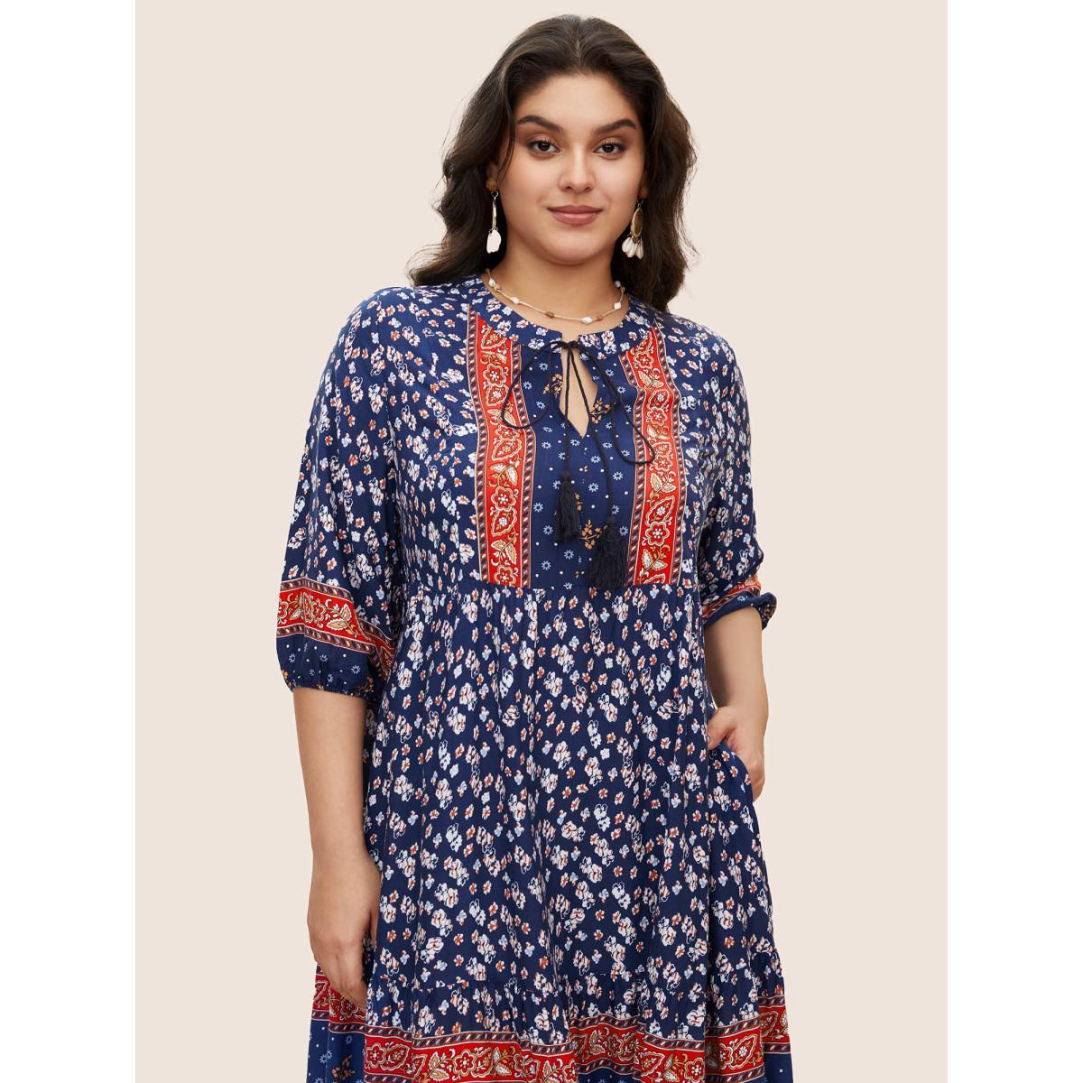 Plus Size Bandana Tassels Lantern Sleeve Ruffle Pocket Keyhole Neck Dress Blue Women Resort V-neck Elbow-length sleeve Curvy Midi Dress BloomChic 10/M Product Image