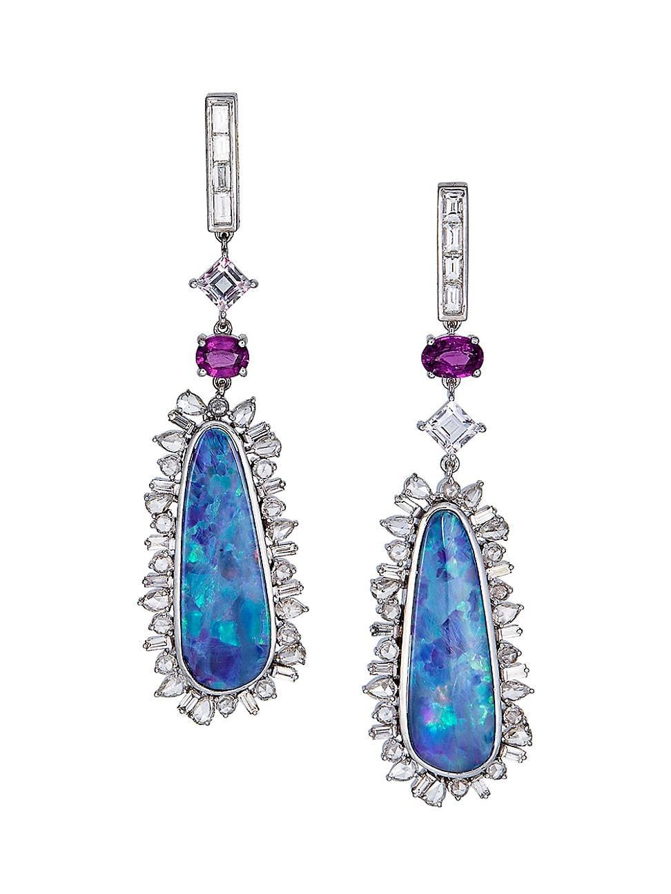 Womens 14K White Gold, Pink Sapphire, Opal & 1.67 TCW Diamond Drop Earrings Product Image