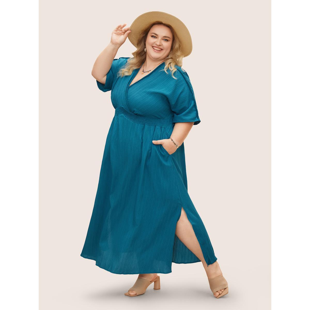 Plus Size V Neck Shirred Contrast Webbing Split Side Dress Aegean Women Resort Texture V-neck Half Sleeve Curvy BloomChic 10/M Product Image