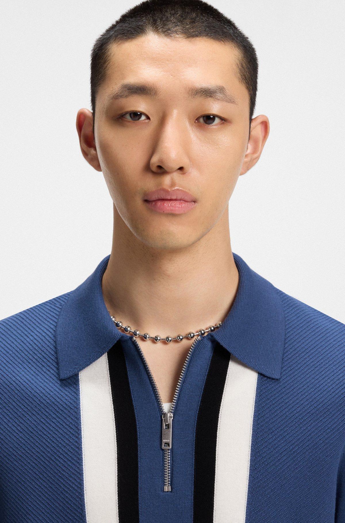 HUGO - Zip-neck knit sweater with stripe details - Blue Product Image