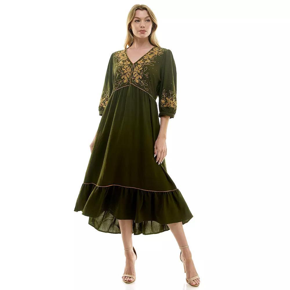 Women's Figueroa & Flower Elbow Sleeve Embroidered Peasant Dress, Size: Medium, Black Product Image