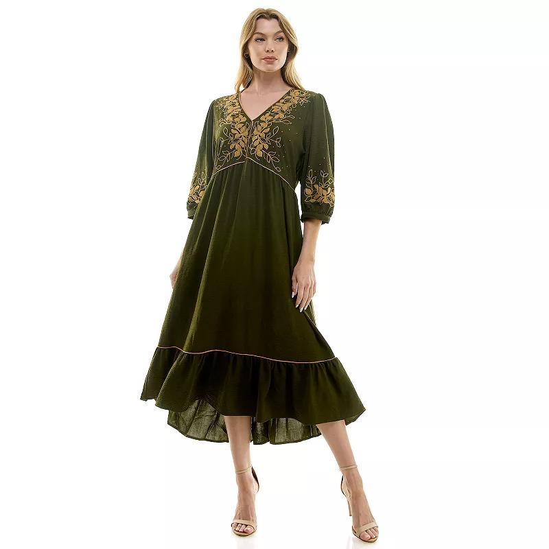 Women's Figueroa & Flower Elbow Sleeve Embroidered Peasant Dress, Size: Medium, Black Product Image