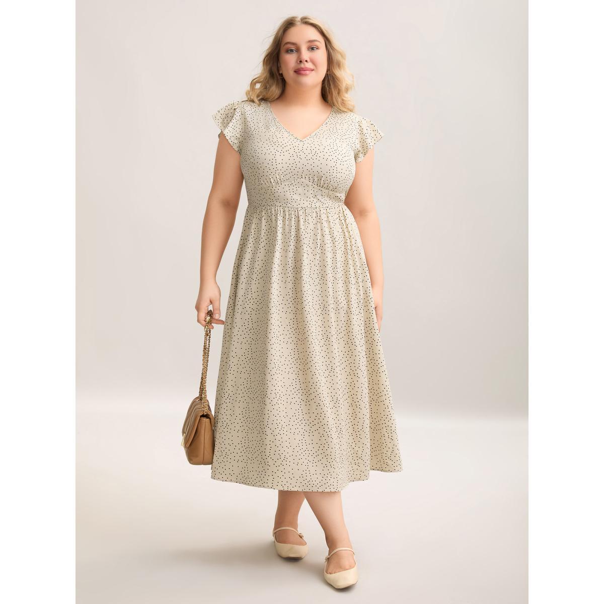 Plus Size Polka Dot Ruffled Bust-Defining Maxi Dress Beige Women At the Office Ruffles V-neck Cap Sleeve Curvy BloomChic 22-24/3X Product Image