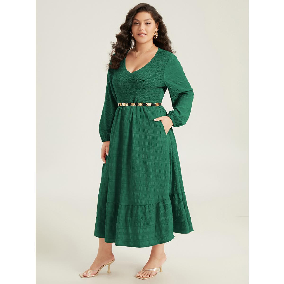 Plus Size Solid Shirred Plisse Flutter Hem Dress DarkGreen Women Elegant Elastic cuffs V-neck Long Sleeve Curvy Midi Dress BloomChic 12/L Product Image