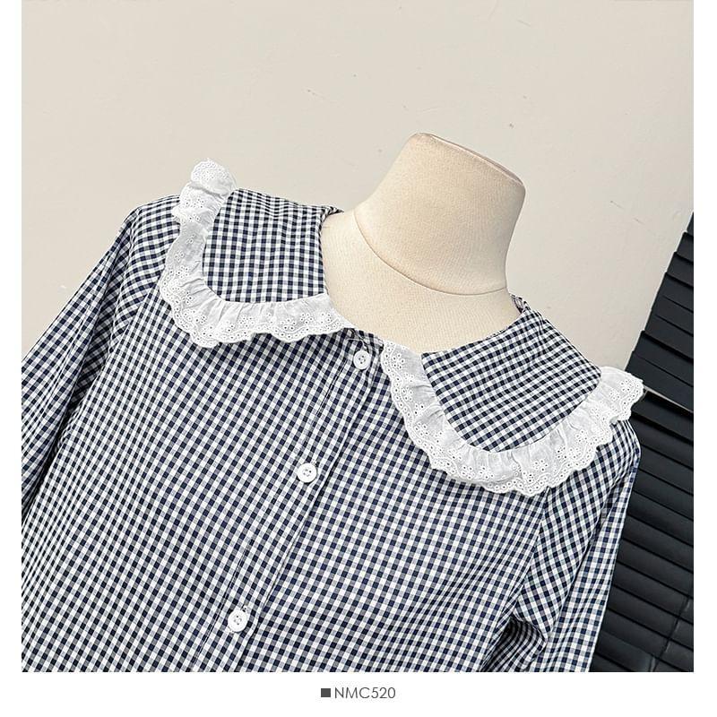 Gingham Peter Pan-Collar Loose Shirt Product Image