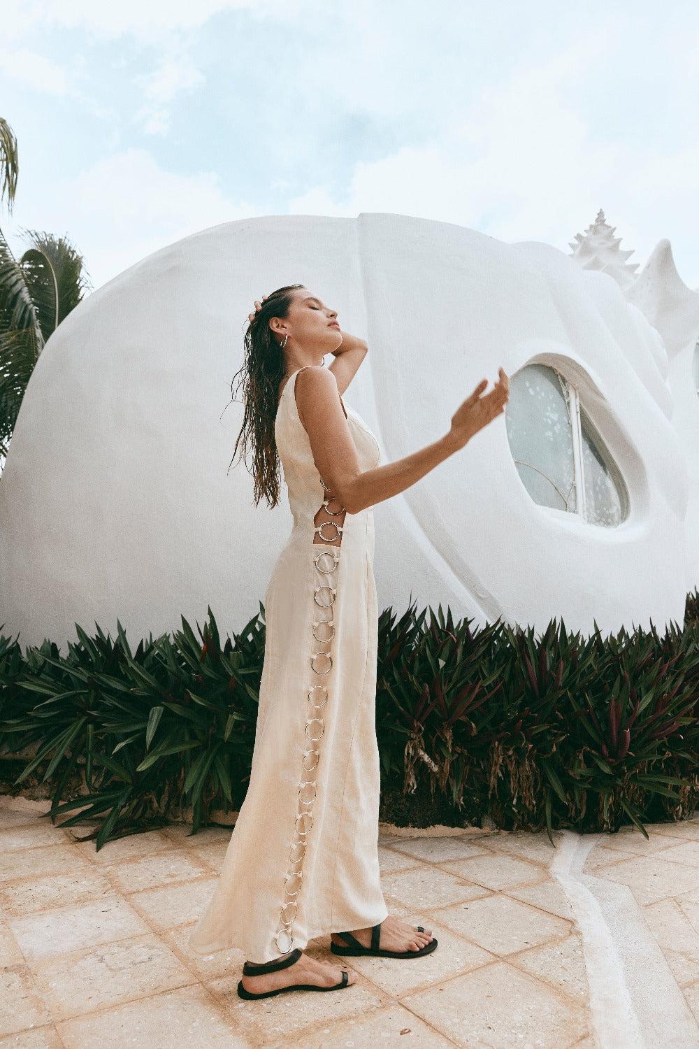 Discoteca Linen Maxi Dress Cream Product Image