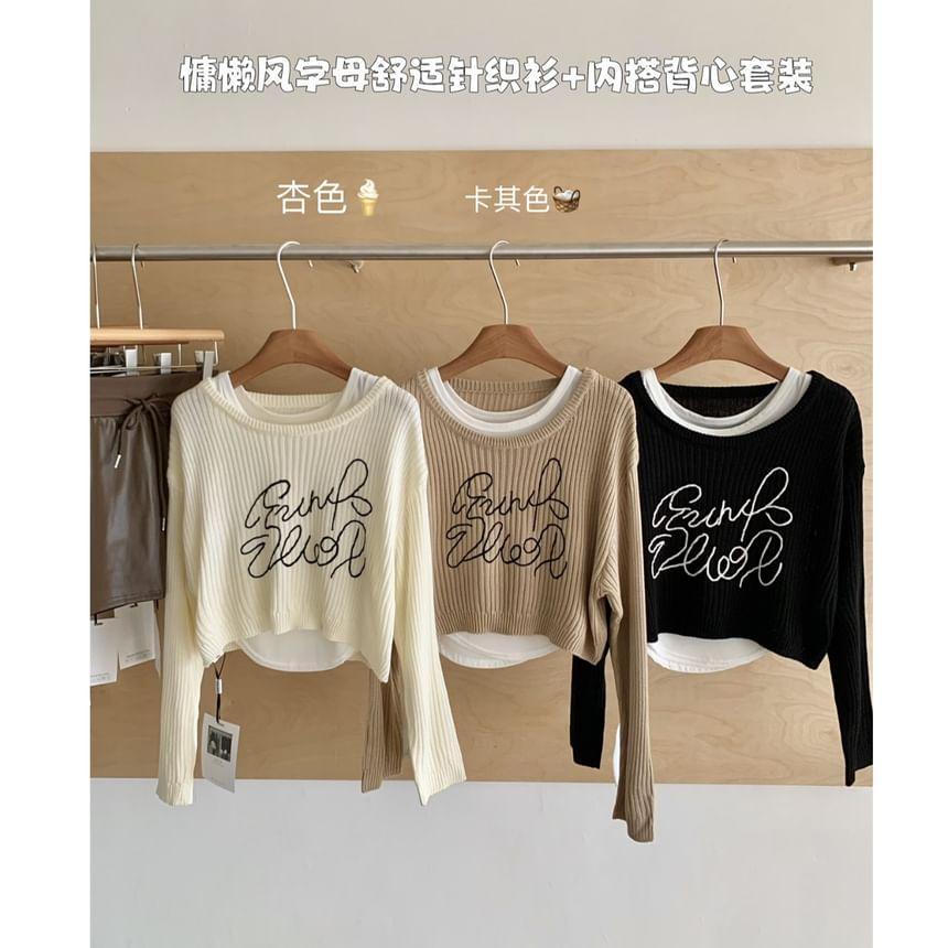 Set: Long-Sleeve Crewneck Lettering Crop Knit Top + Tank Top Product Image