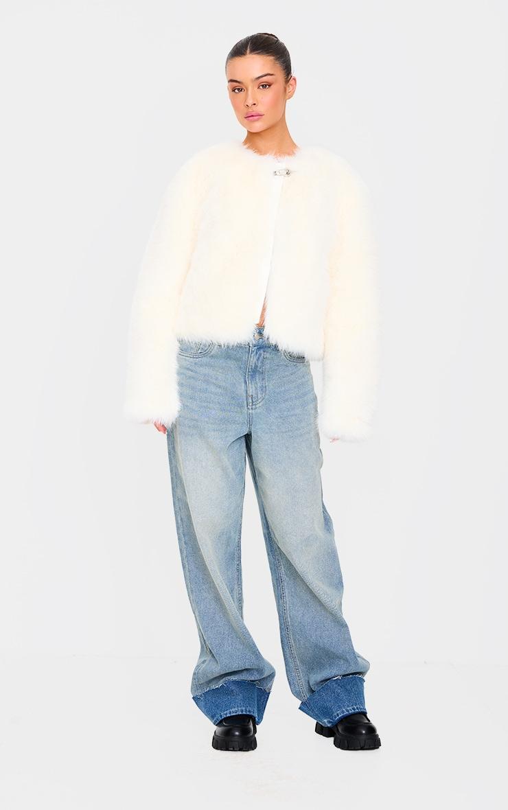 Cream Metal Trim Detail Faux Fur Jacket Product Image