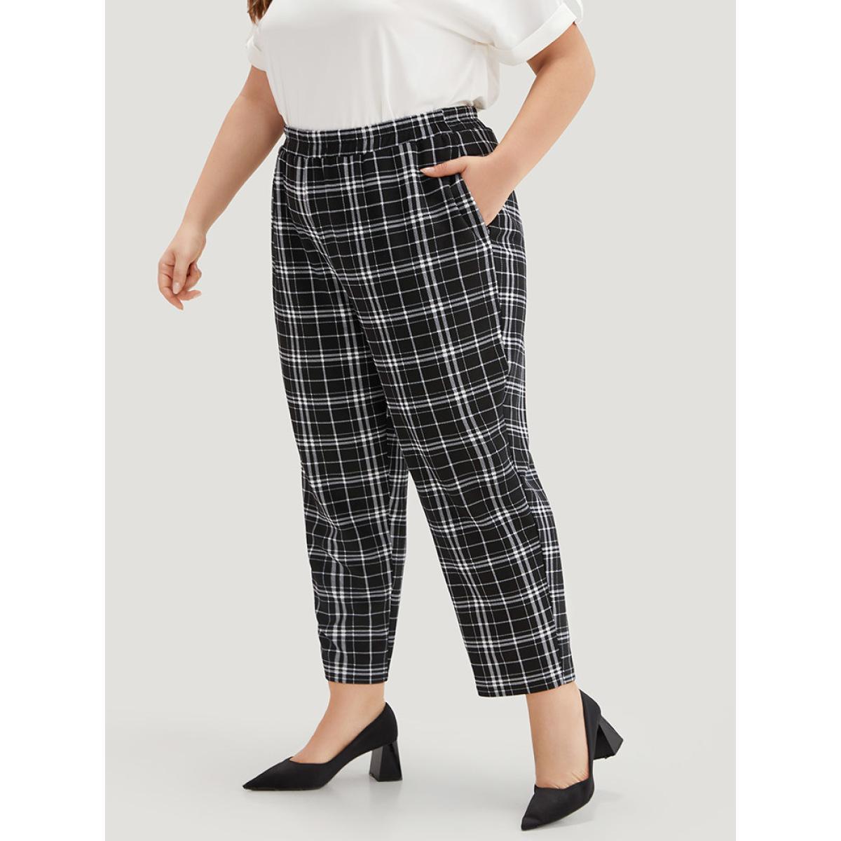 Plus Size Plaid Elastic Waist Straight Leg Pants Women Black Work From Home Straight Leg High Rise Work Pants BloomChic 26/4X Product Image
