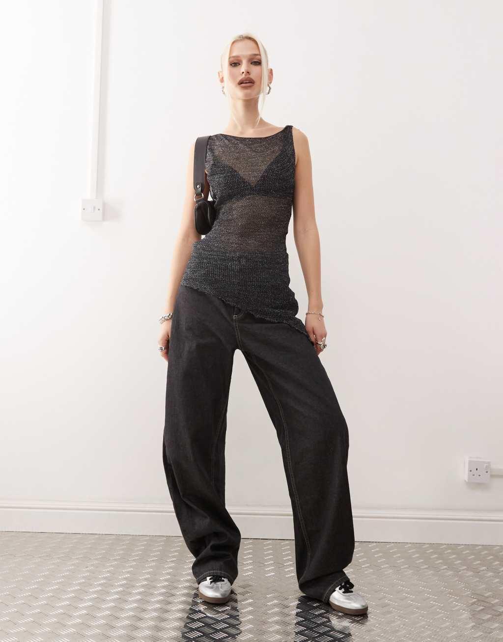 COLLUSION shimmer knit asymmetric top in charcoal Product Image