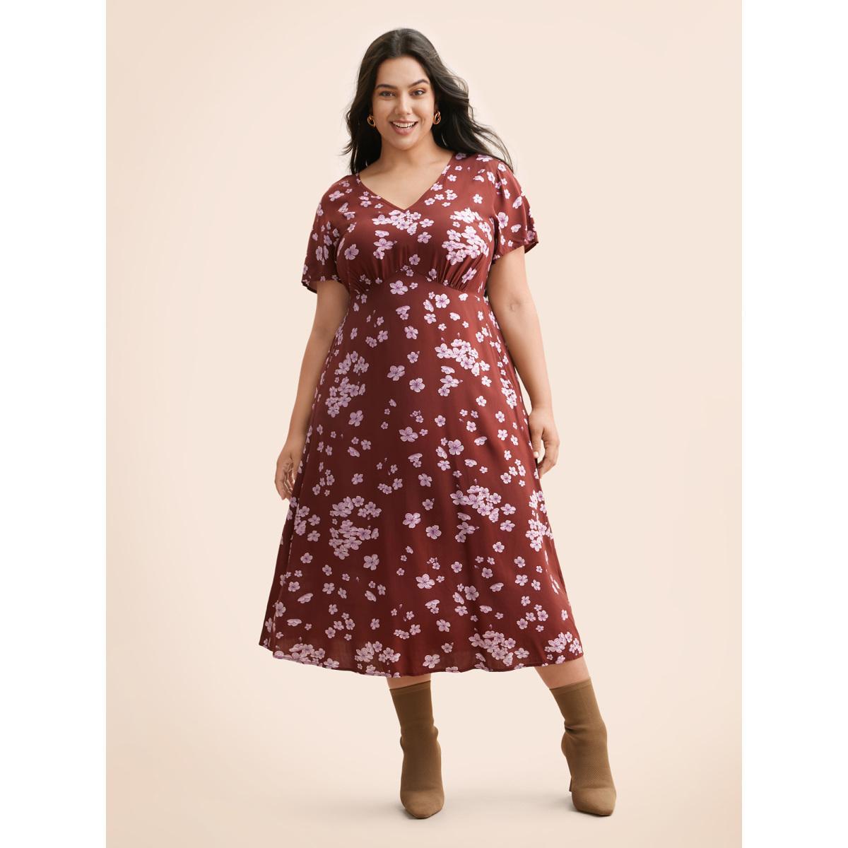 Plus Size Floral V Neck Gathered Midi Dress Burgundy Women Elegant Gathered V-neck Short sleeve Curvy BloomChic 14-16/1X Product Image