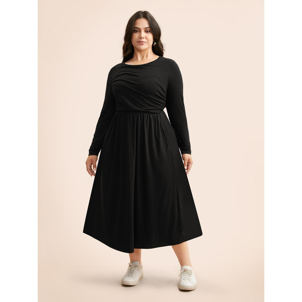 Plus Size Supersoft Essentials Boat Neck Gathered Dress Pureblack Women Casual Gathered Boat Neck Long Sleeve Curvy BloomChic 26/4X Product Image