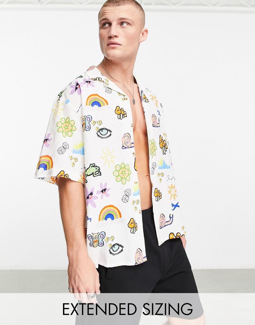 ASOS DESIGN boxy oversized revere linen mix shirt in doodle print Product Image