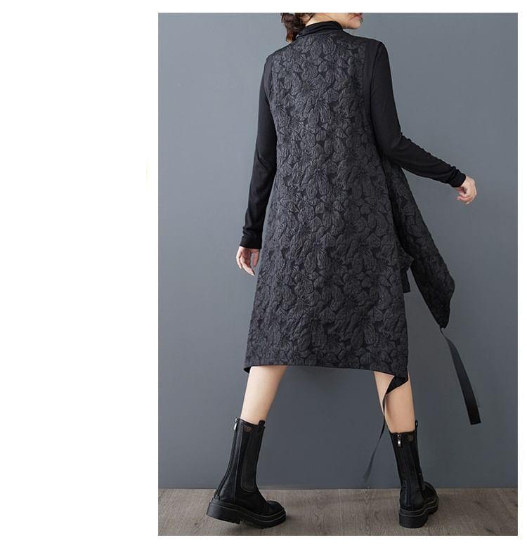 V-Neck Floral Jacquard Asymmetrical Frog Buttoned Long Vest Product Image