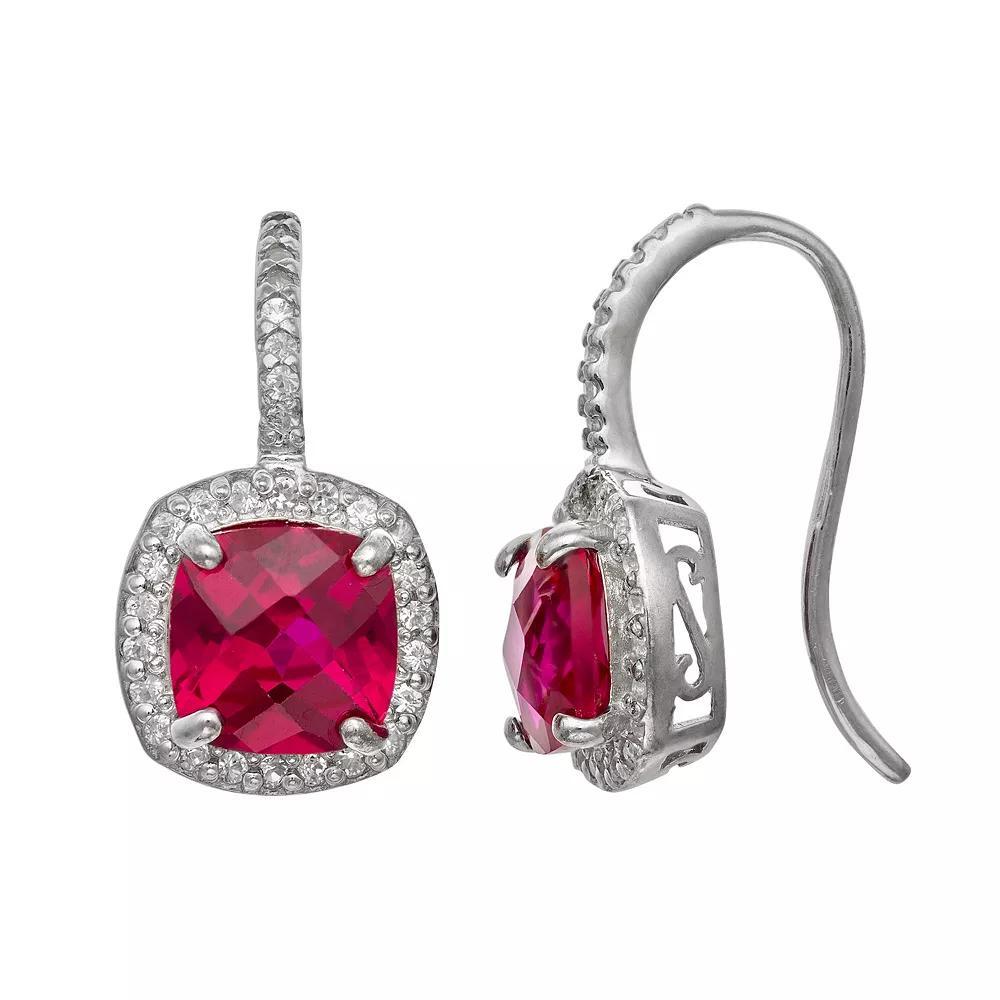 Sterling Silver Lab-Created Ruby and Lab-Created White Sapphire Halo Drop Earrings, Women's, Multi Product Image